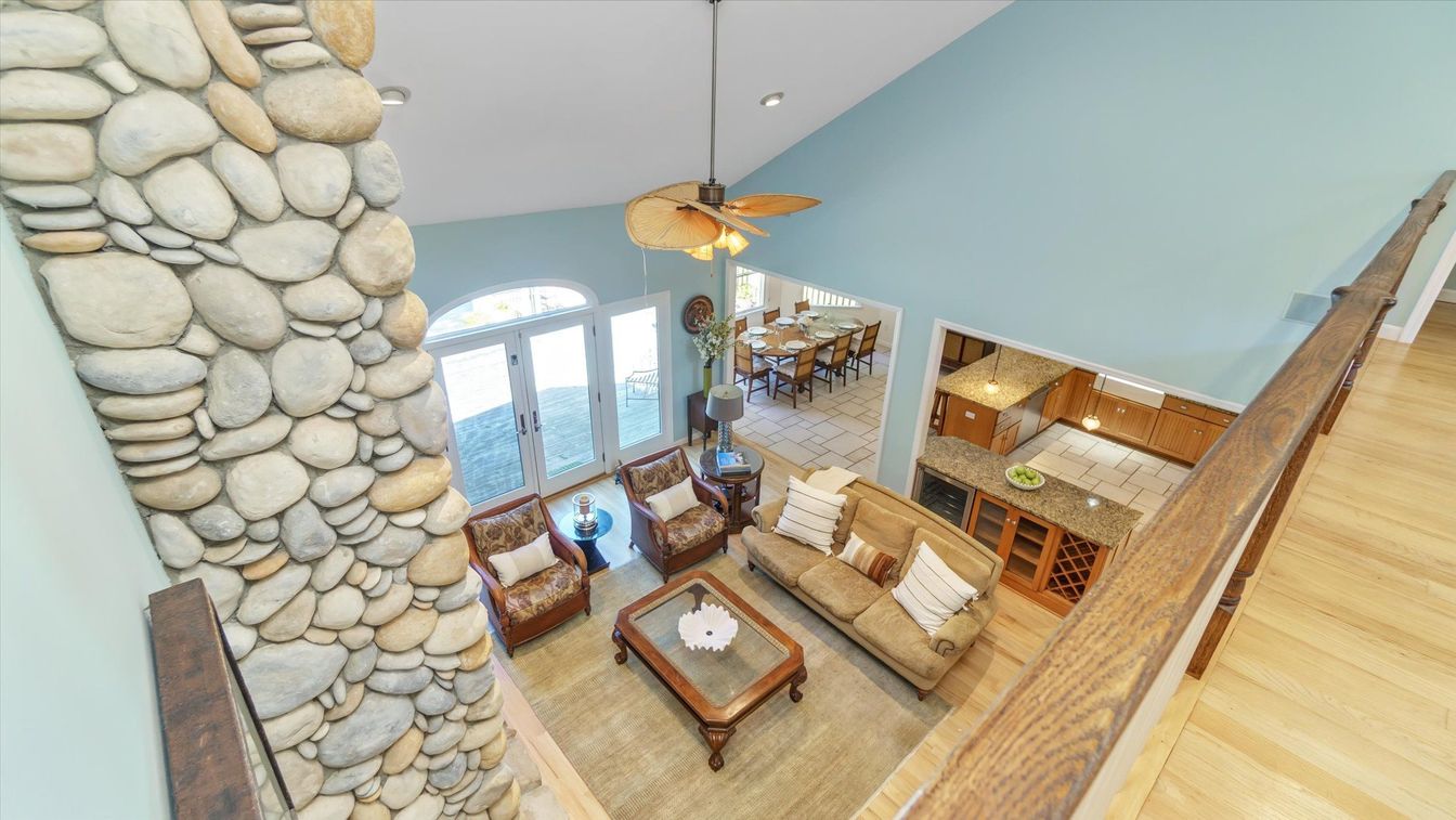 Dining room, Interior, Living room, Recessed Lighting, Stone Walls, Wood Texture Flooring
