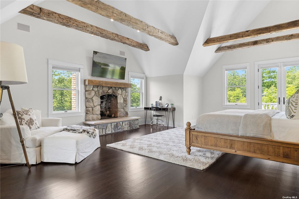 Bedroom, Fireplace, Interior, Wooden Beams, Wood Texture Flooring