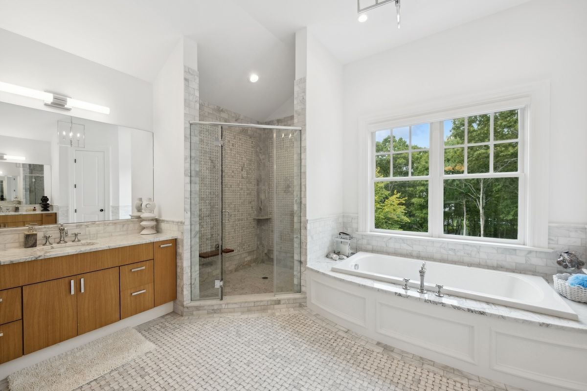 Bathroom, Dual Sink Vanities, Glass Shower, Interior, Recessed Lighting