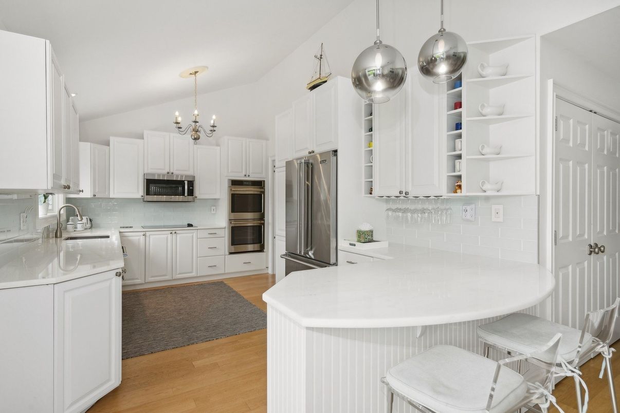 Chandelier, Interior, Kitchen, Pendant Lights, Stainless Steel Appliances, Wood Texture Flooring