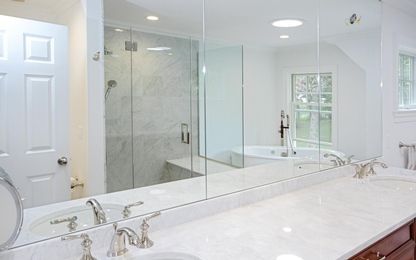 Bathroom, Glass Shower, Interior, Marble Walls, Recessed Lighting