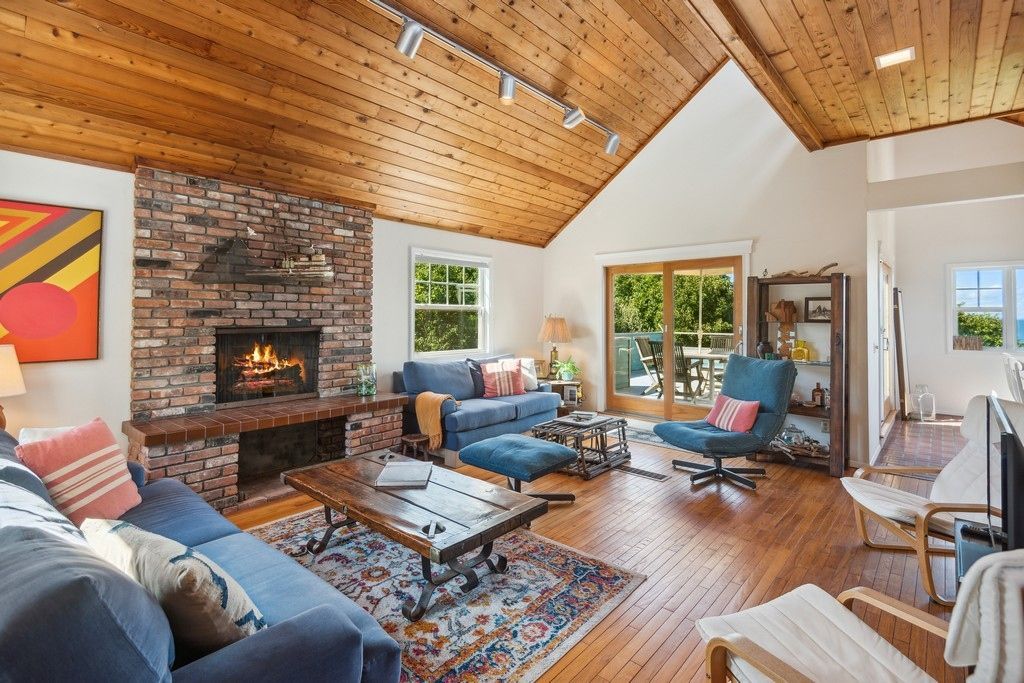 Fireplace, Interior, Living room, Recessed Lighting, Stone Walls, Wooden Ceilings, Wood Texture Flooring