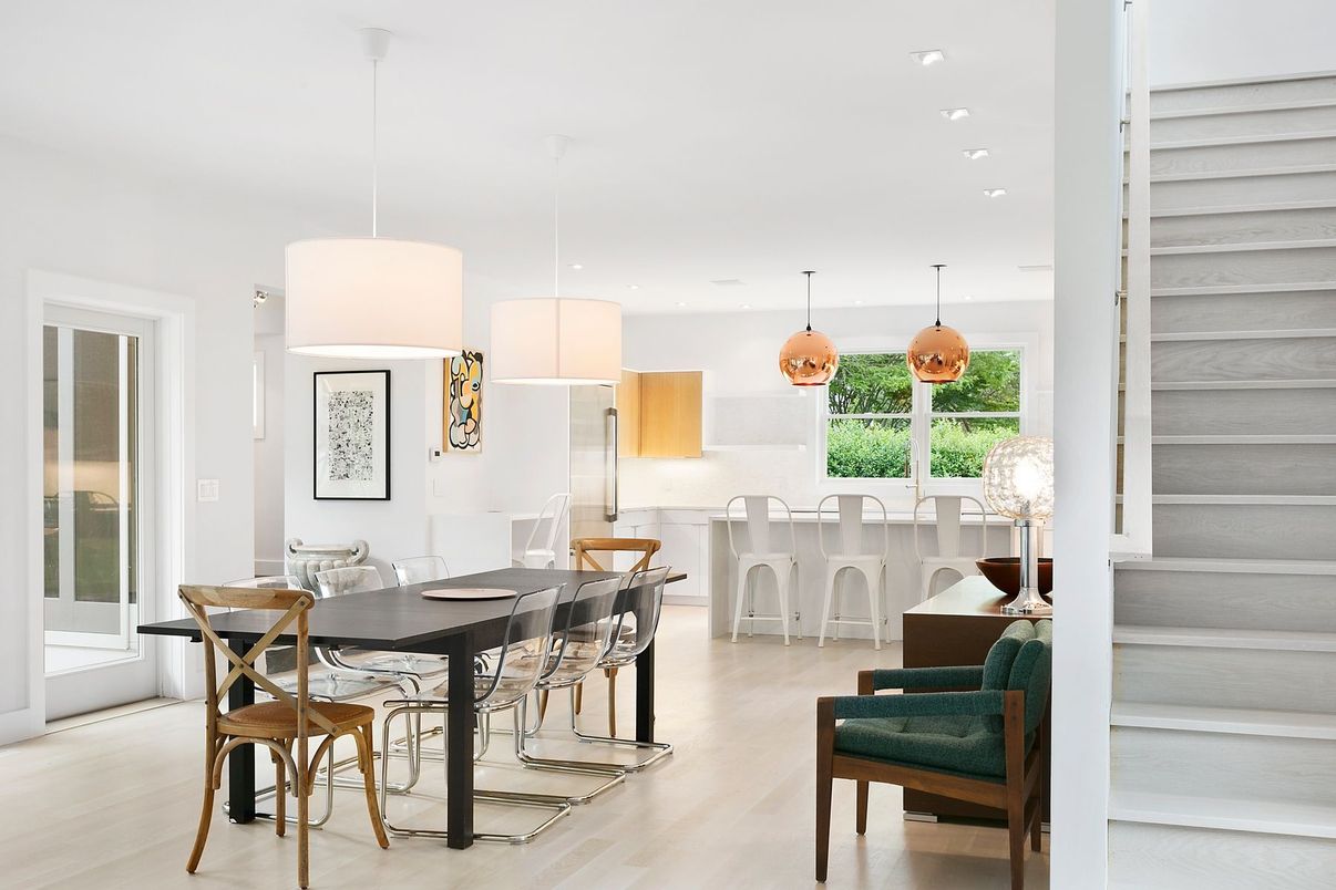Dining room, Interior, Kitchen, Pendant Lights, Recessed Lighting, Wood Texture Flooring