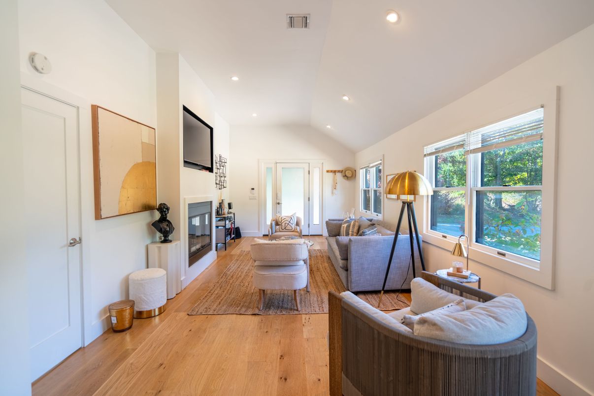 Fireplace, Interior, Living room, Recessed Lighting, Wood Texture Flooring