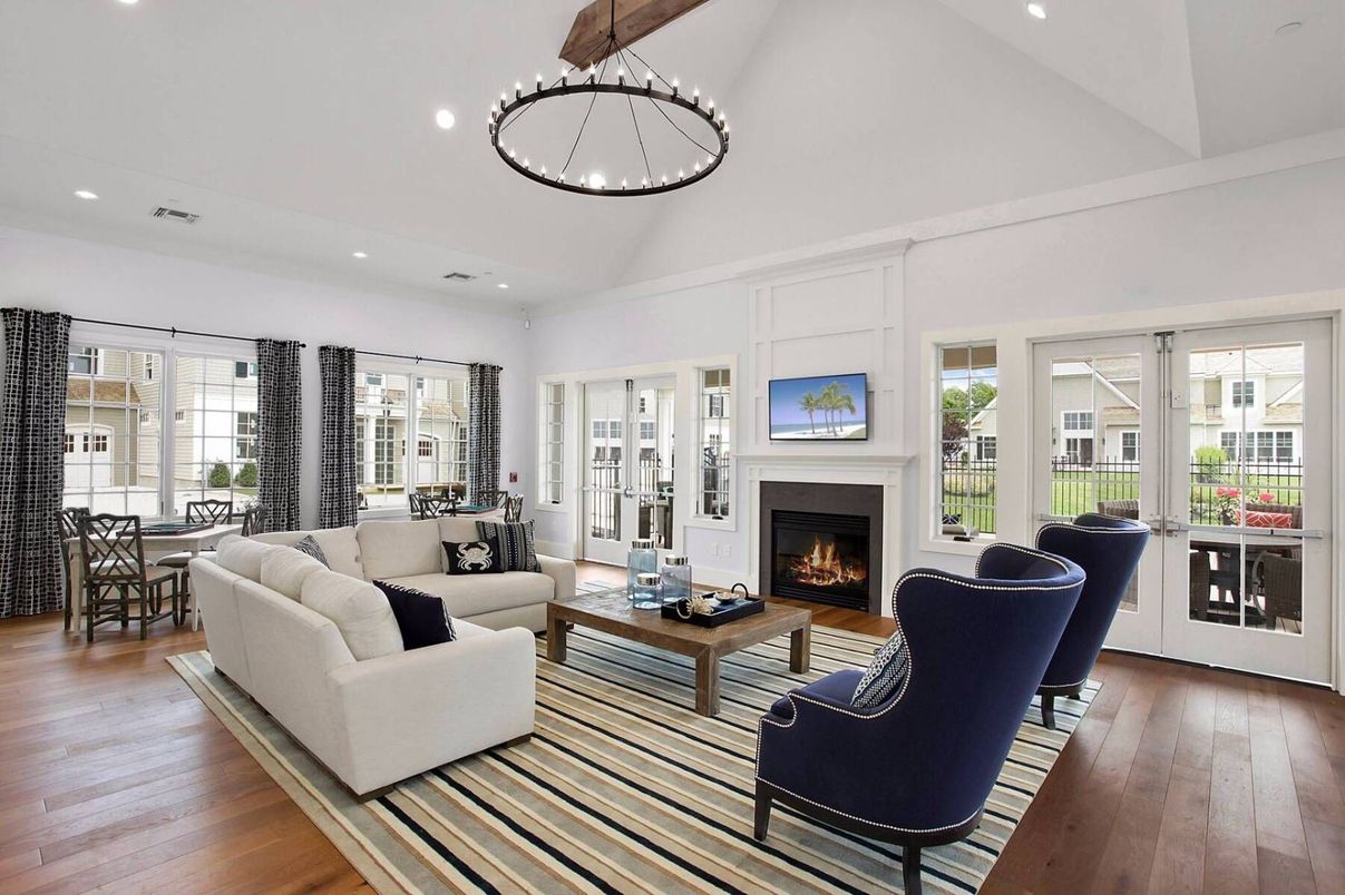 Dining room, Fireplace, Interior, Living room, Pendant Lights, Recessed Lighting, Wood Texture Flooring