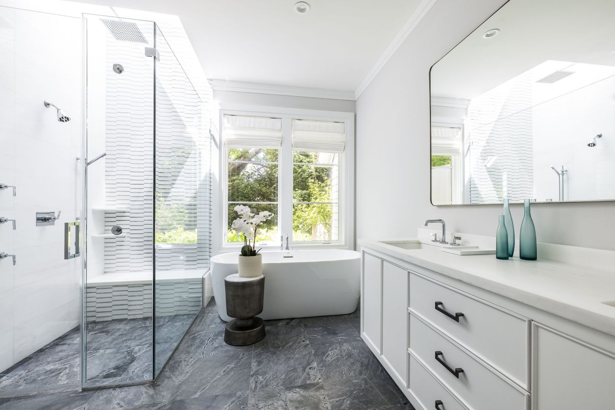 Bathroom, Free Standing Baths, Glass Shower, Interior, Recessed Lighting