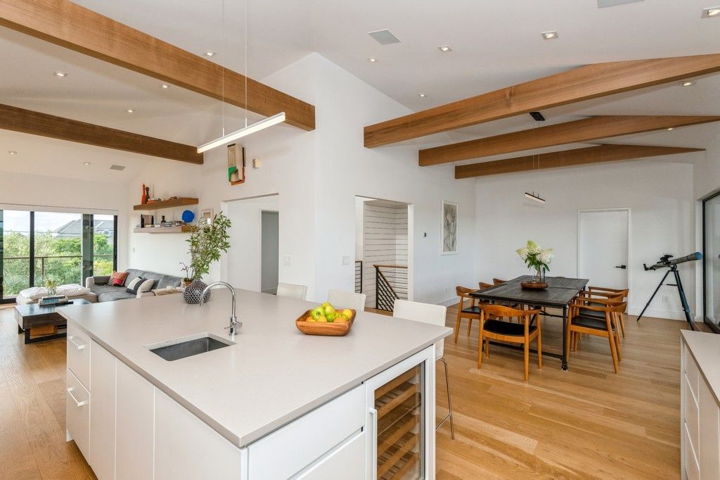 Dining room, Interior, Kitchen, Living room, Pendant Lights, Recessed Lighting, Wooden Beams, Wood Texture Flooring