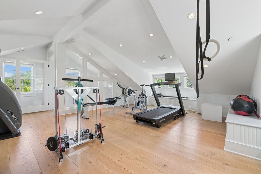 Fitness Equipment, Gym, Interior, Recessed Lighting, Wood Texture Flooring