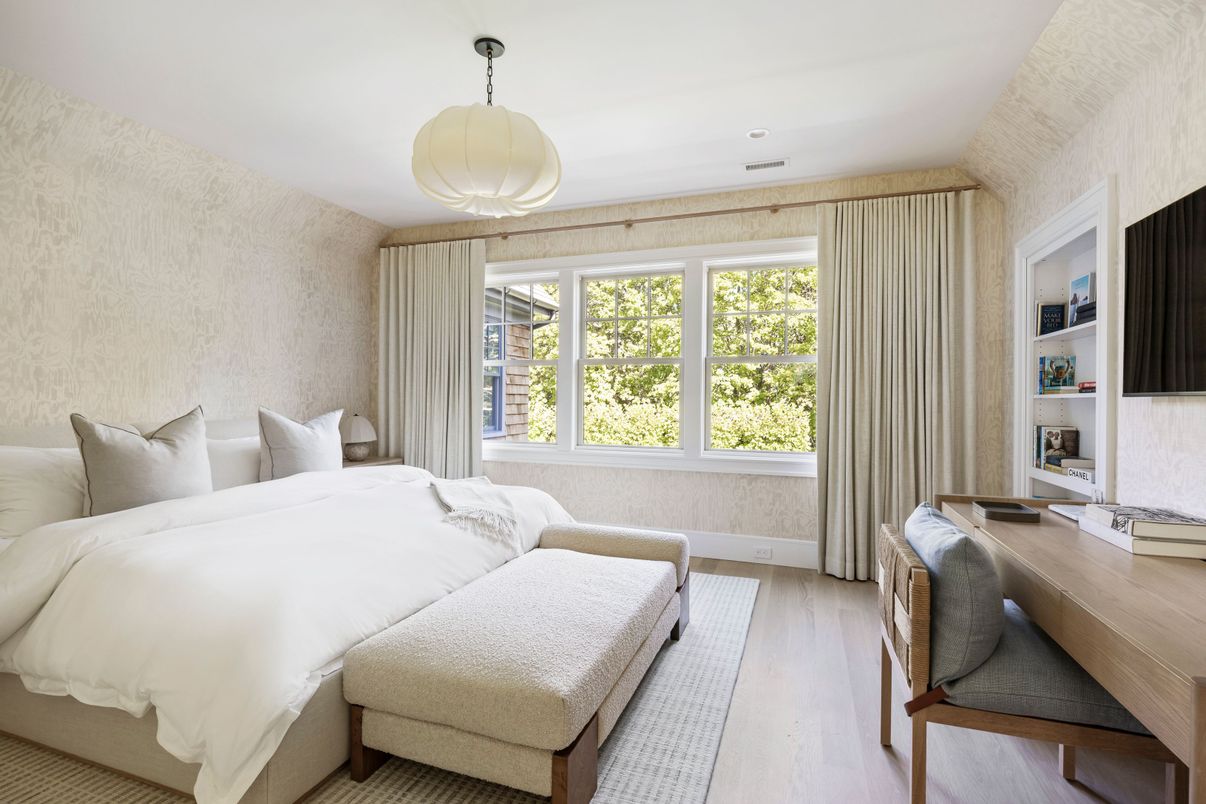 Bedroom, Interior, Pendant Lights, Wood Texture Flooring