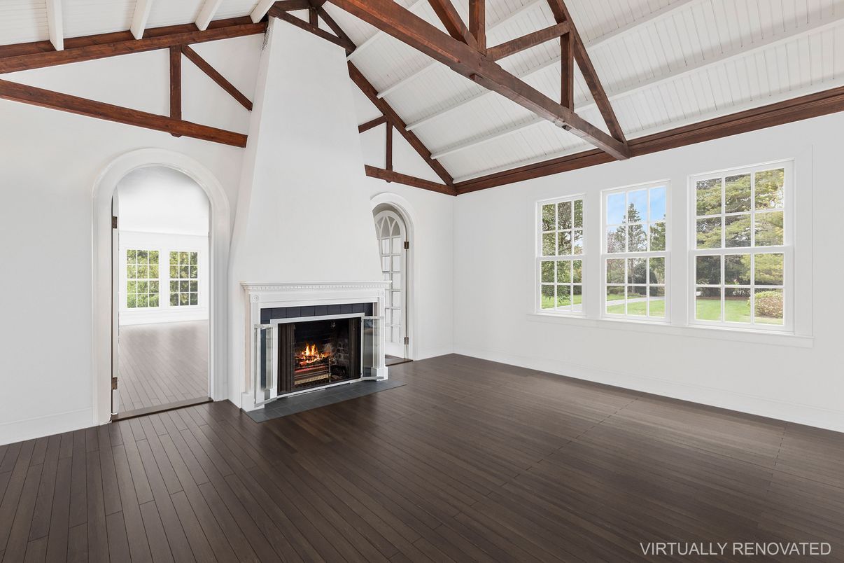 Empty room, Fireplace, Interior, Wooden Beams, Wood Texture Flooring