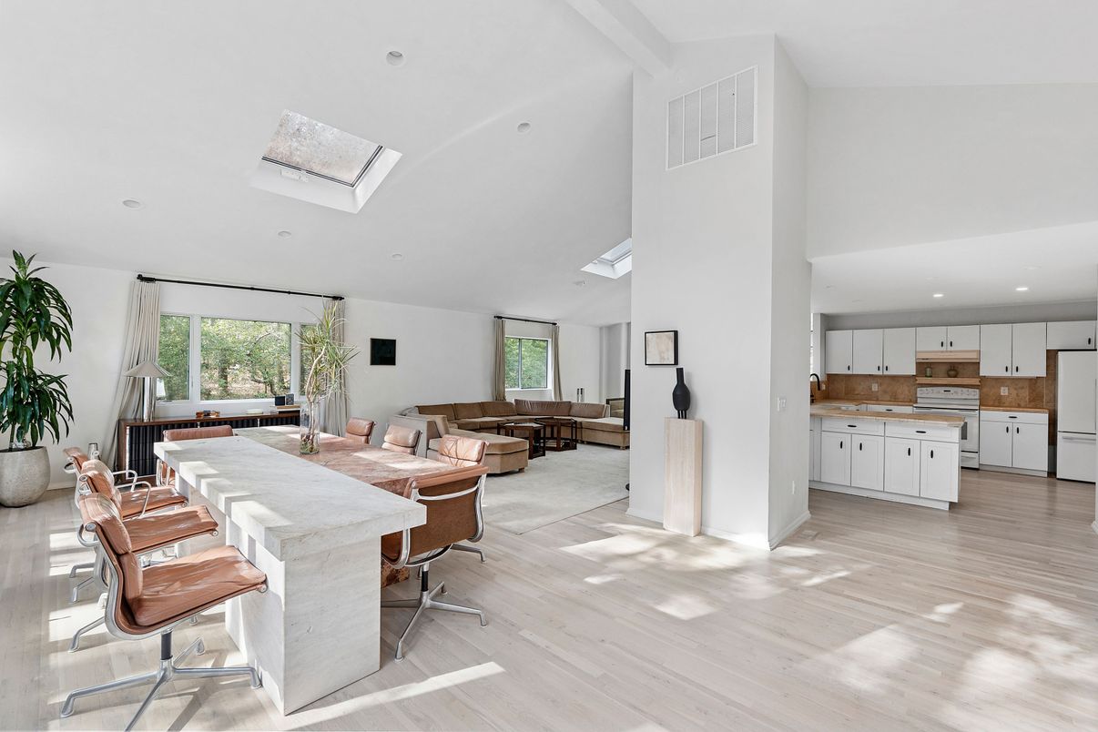 Dining room, Interior, Kitchen, Living room, Recessed Lighting, Wood Texture Flooring