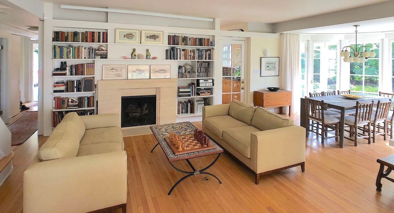 Dining room, Fireplace, Interior, Living room, Pendant Lights, Wood Texture Flooring
