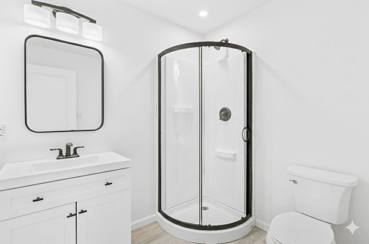 Bathroom, Glass Shower, Interior, Recessed Lighting, Wood Texture Flooring