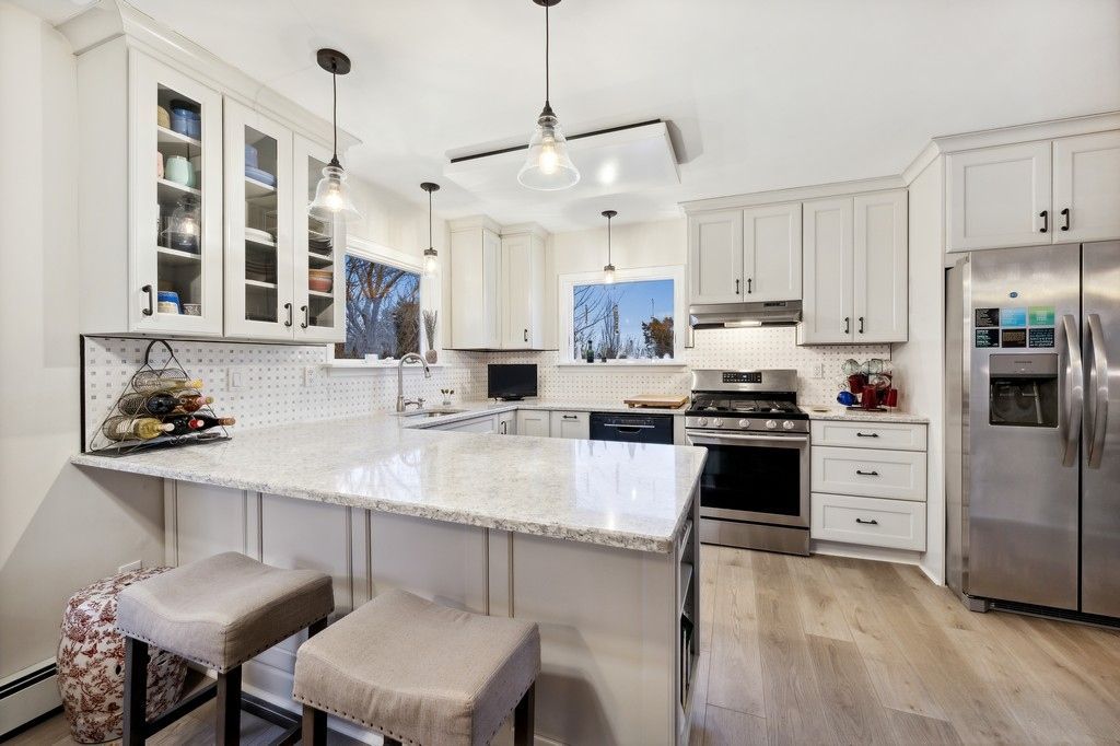 Interior, Kitchen, Pendant Lights, Stainless Steel Appliances, Wood Texture Flooring