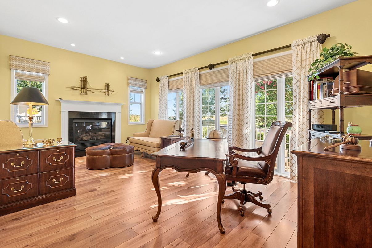 Fireplace, Home Office, Interior, Recessed Lighting, Wood Texture Flooring