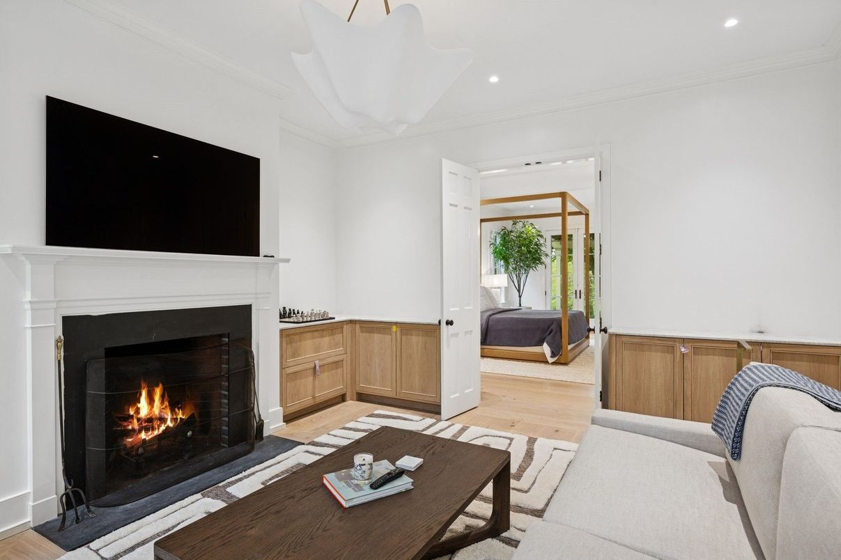 Fireplace, Interior, Living room, Recessed Lighting, Wood Texture Flooring