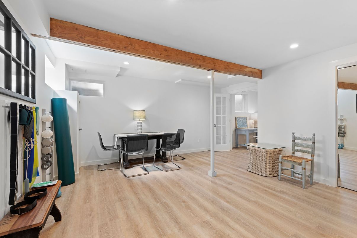 Home Office, Interior, Recessed Lighting, Wooden Beams, Wood Texture Flooring