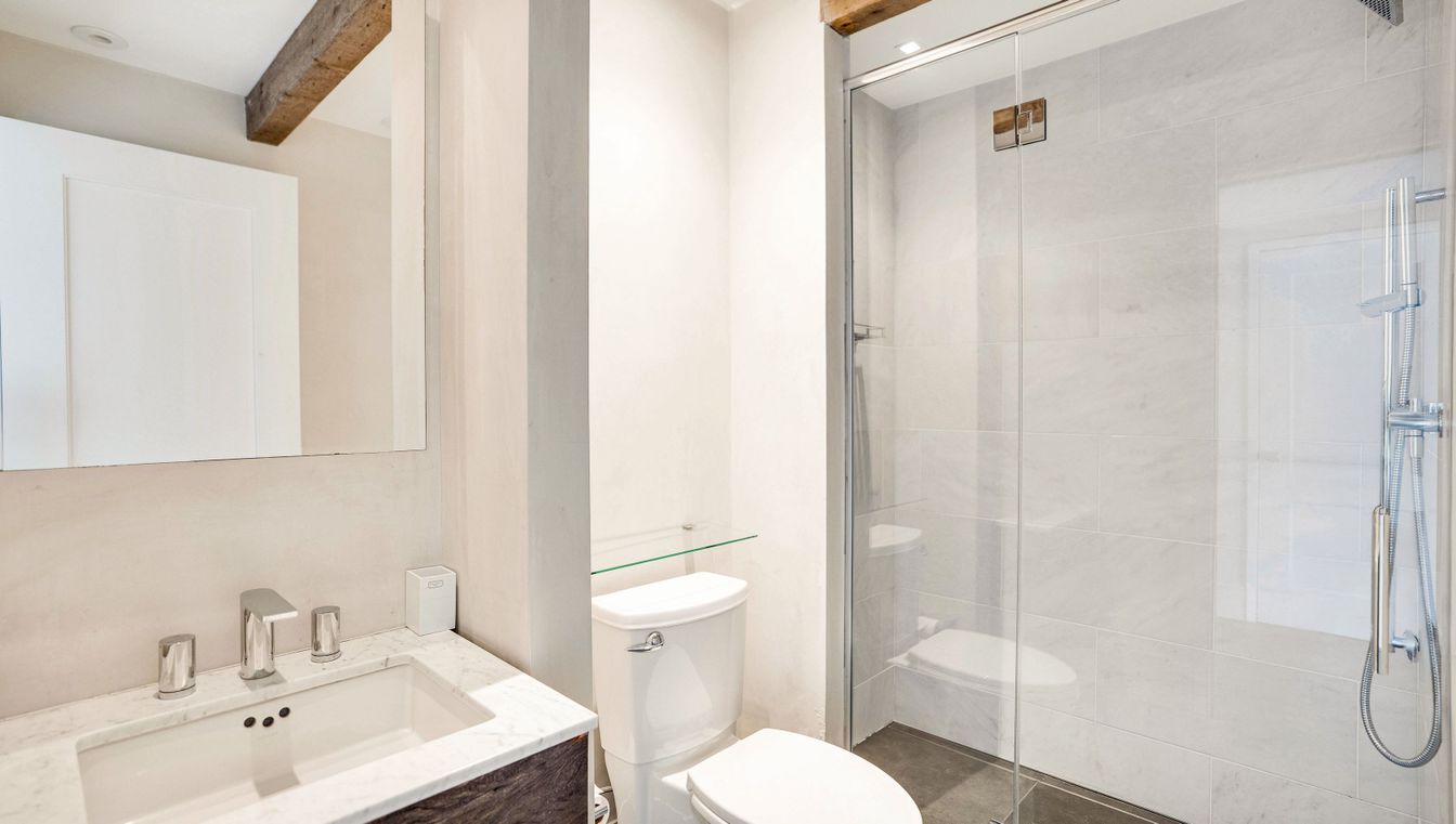 Bathroom, Glass Shower, Interior, Recessed Lighting, Wooden Beams