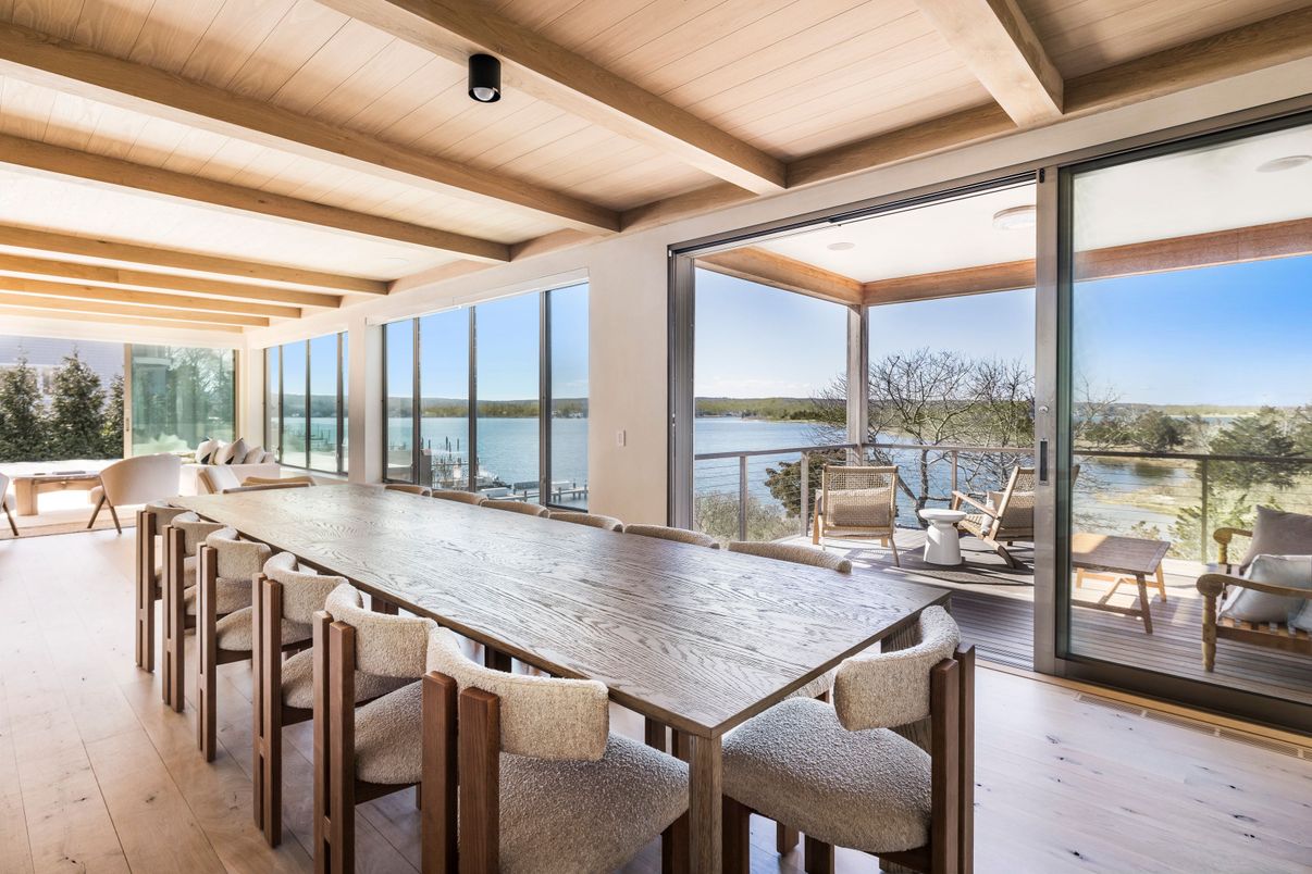 Dining room, Interior, Water, Wooden Beams, Wooden Ceilings, Wood Texture Flooring