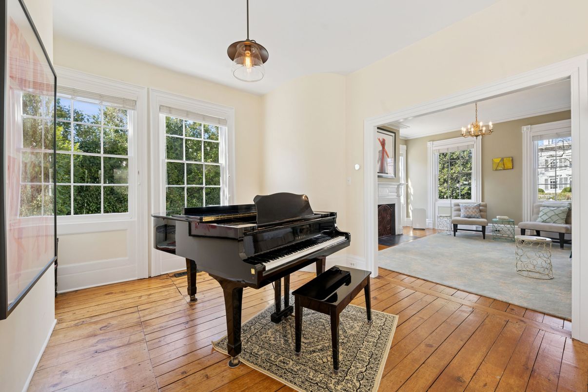 Chandelier, Fireplace, Interior, Living room, Pendant Lights, Piano, Wood Texture Flooring