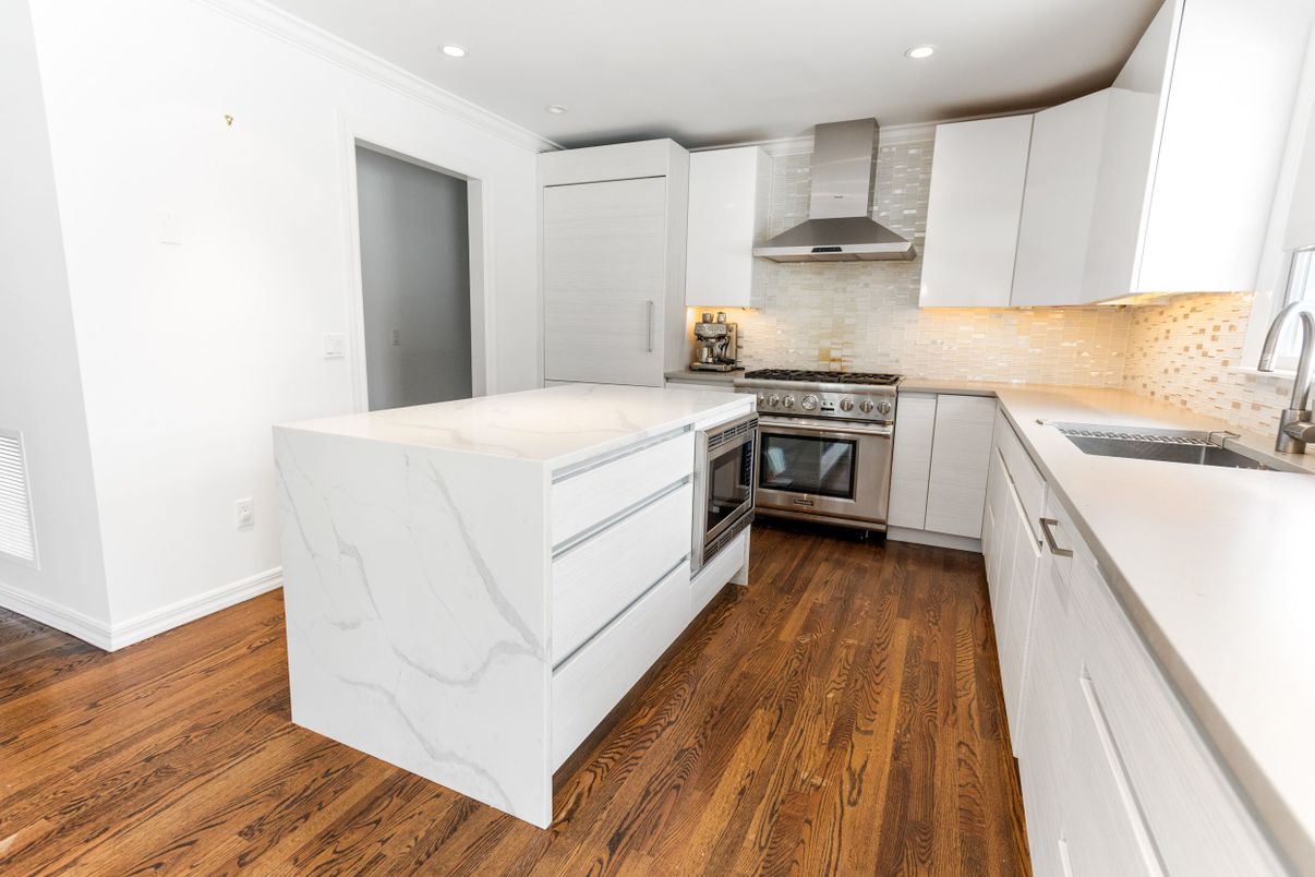 Interior, Kitchen, Recessed Lighting, Stainless Steel Appliances, Wood Texture Flooring