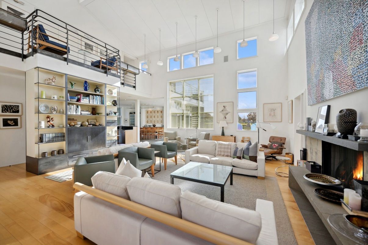 Dining room, Fireplace, Interior, Living room, Pendant Lights, Wood Texture Flooring