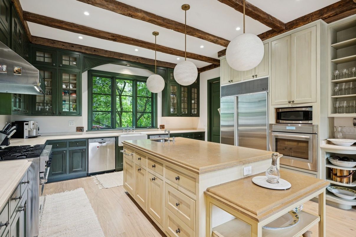 Interior, Kitchen, Pendant Lights, Recessed Lighting, Stainless Steel Appliances, Wooden Beams, Wood Texture Flooring
