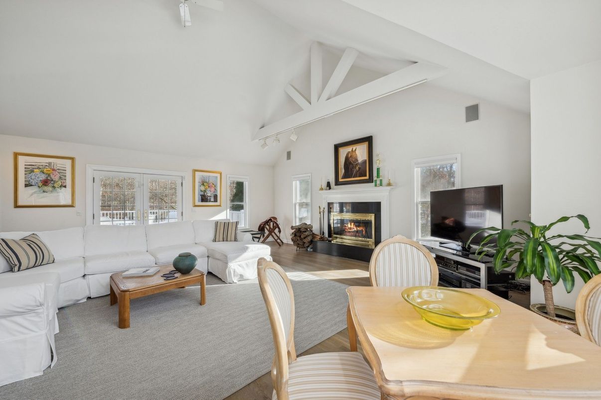 Dining room, Fireplace, Interior, Living room, Wood Texture Flooring