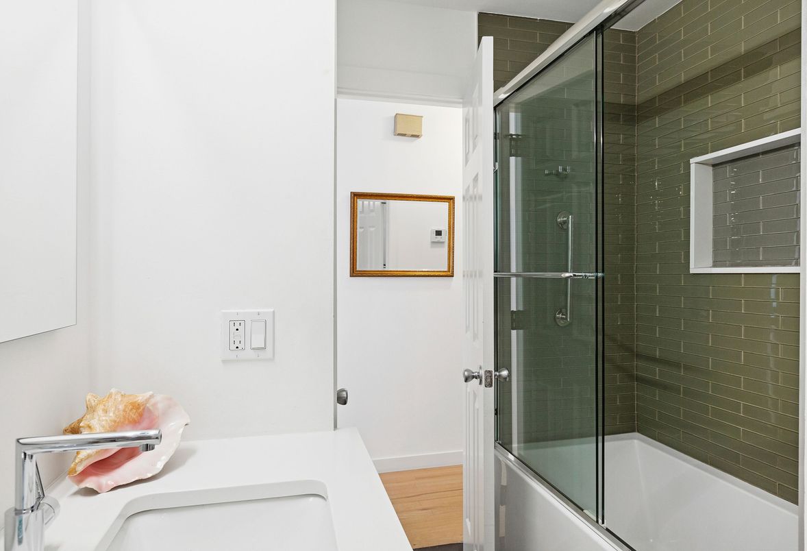 Bathroom, Glass Shower, Interior, Wood Texture Flooring