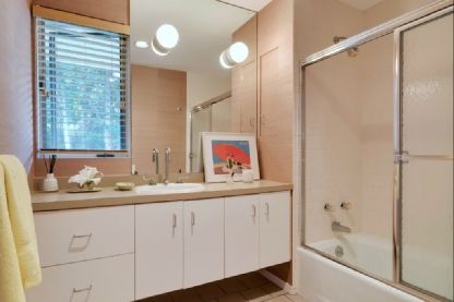 Bathroom, Dual Sink Vanities, Glass Shower, Interior, Wood Texture Flooring