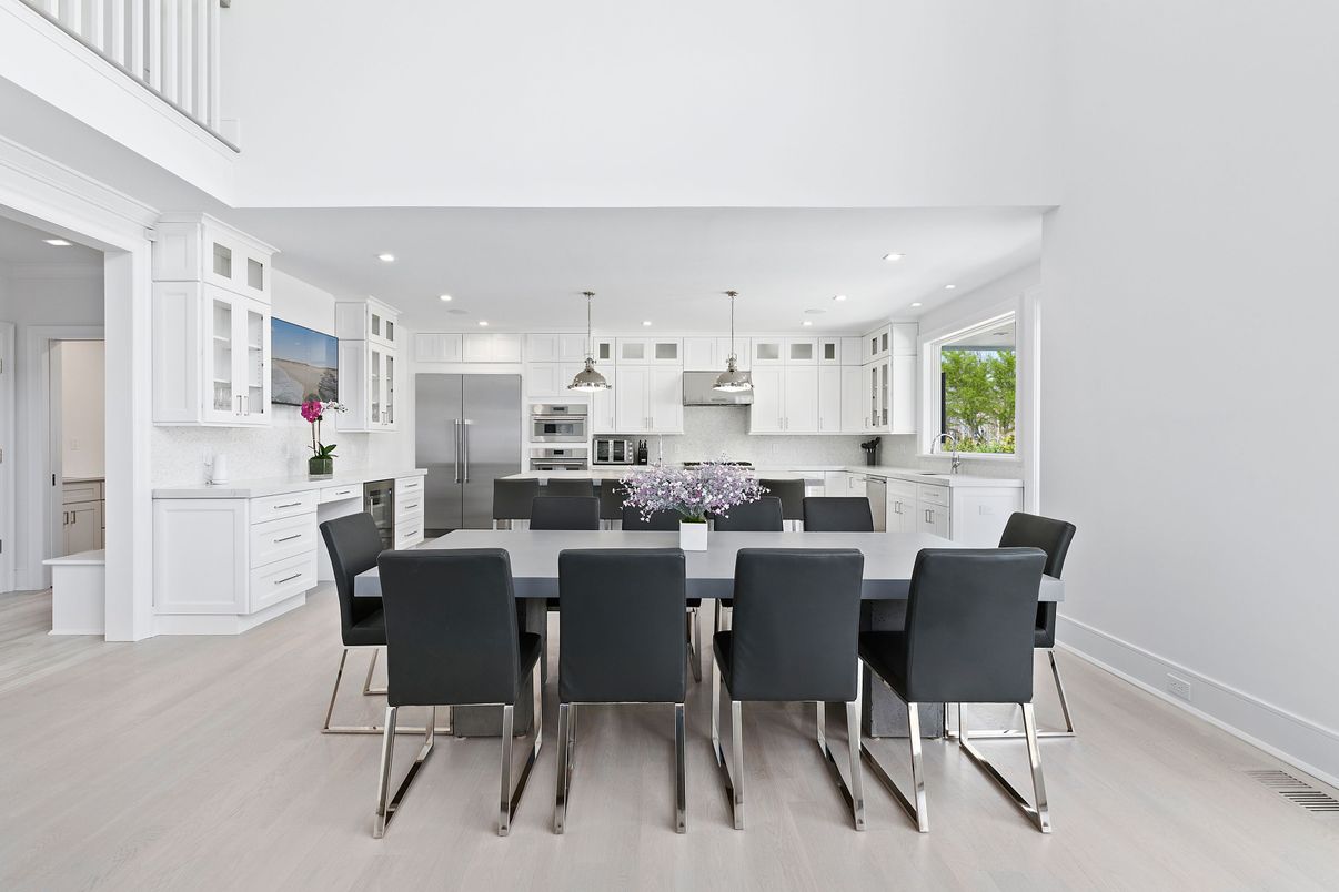 Dining room, Interior, Kitchen, Pendant Lights, Recessed Lighting, Stainless Steel Appliances, Wood Texture Flooring
