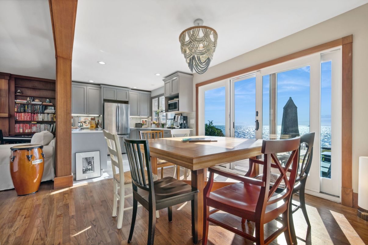 Dining room, Interior, Kitchen, Recessed Lighting, Stainless Steel Appliances, Water, Wood Texture Flooring