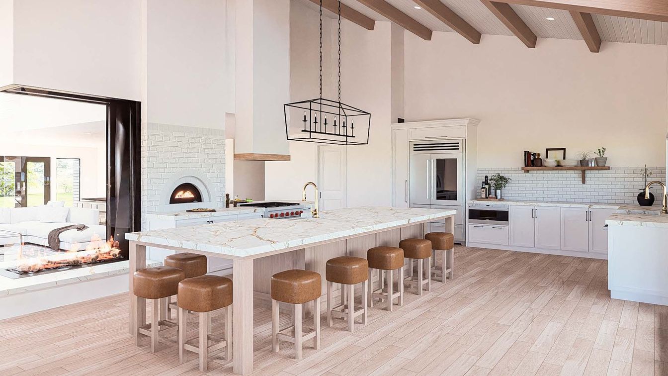 Fireplace, Interior, Kitchen, Pendant Lights, Recessed Lighting, Stainless Steel Appliances, Wooden Beams, Wood Texture Flooring