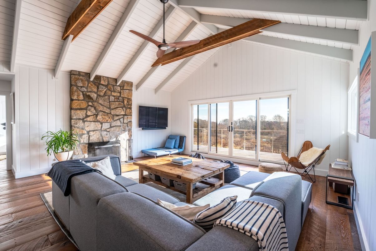 Fireplace, Interior, Living room, Stone Walls, Wooden Beams, Wood Texture Flooring