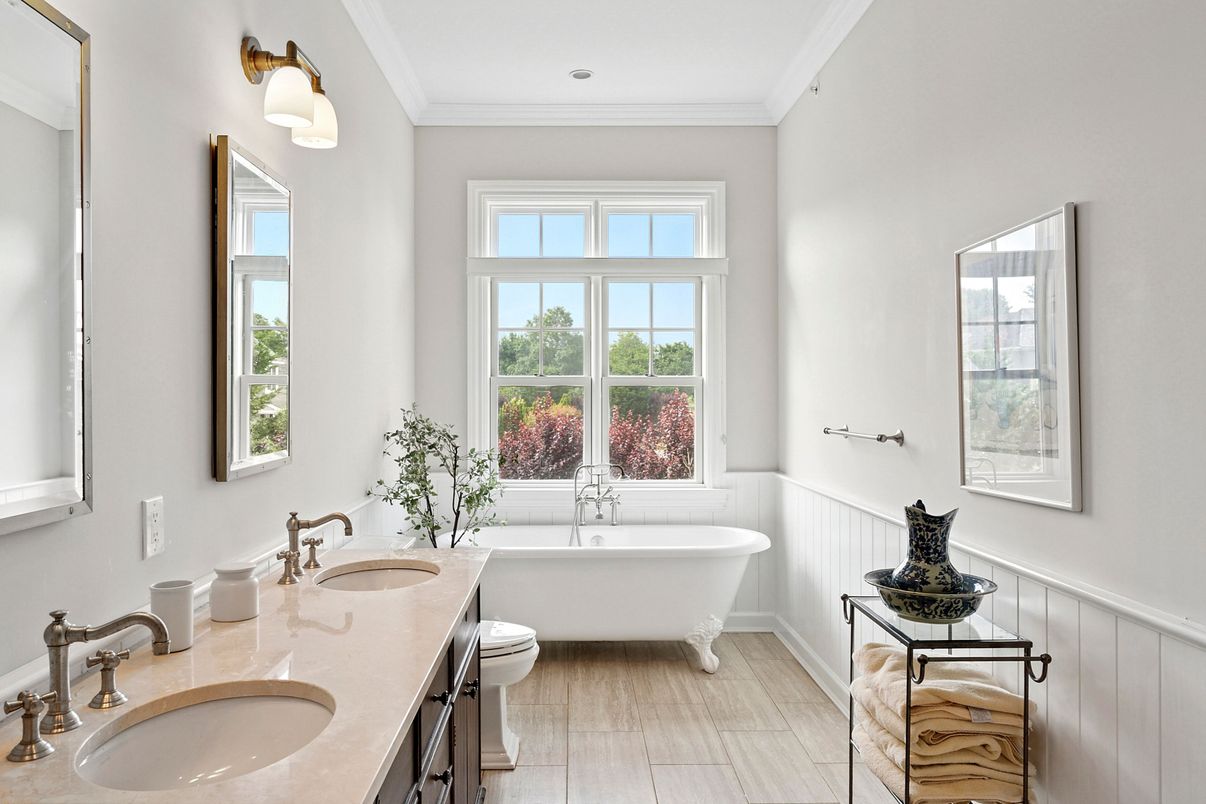 Bathroom, Dual Sink Vanities, Free Standing Baths, Interior, Wood Texture Flooring