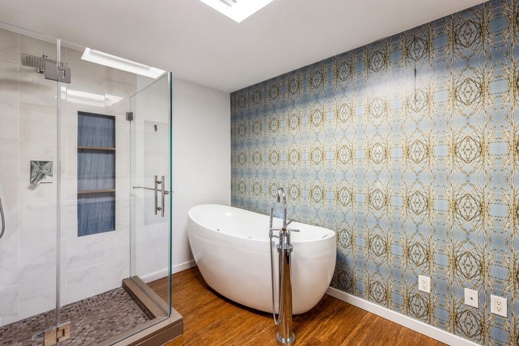 Bathroom, Free Standing Baths, Glass Shower, Interior, Wood Texture Flooring