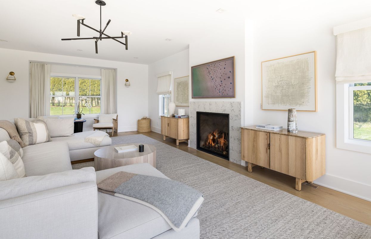 Fireplace, Interior, Living room, Pendant Lights, Wood Texture Flooring