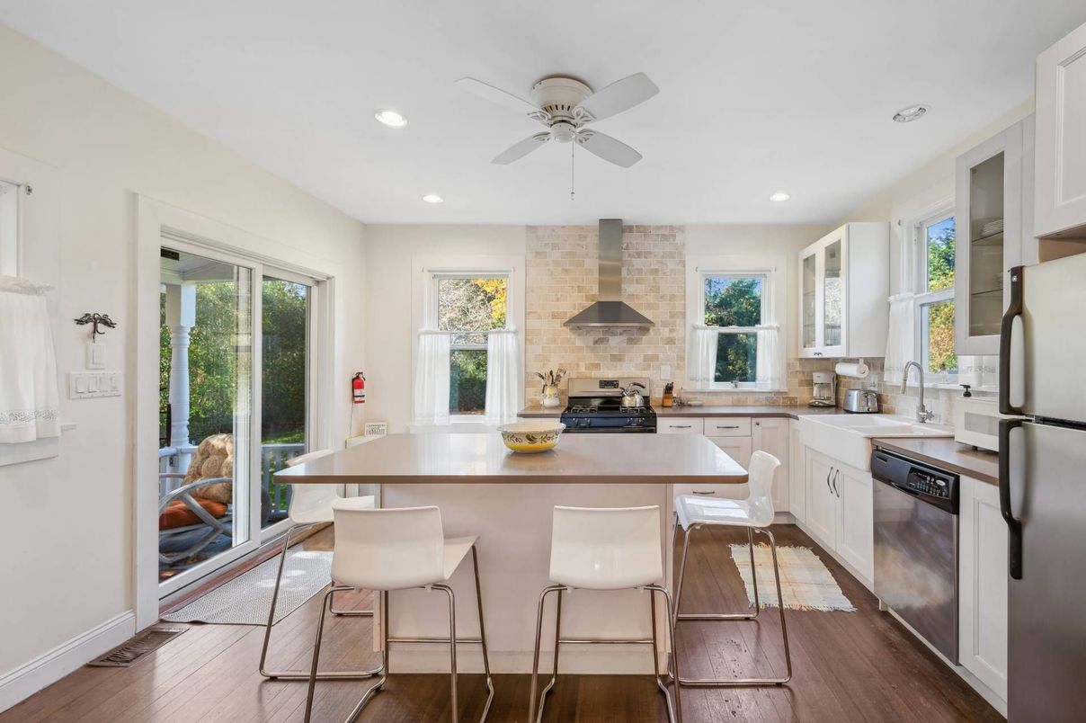 Interior, Kitchen, Recessed Lighting, Stone Walls, Wood Texture Flooring