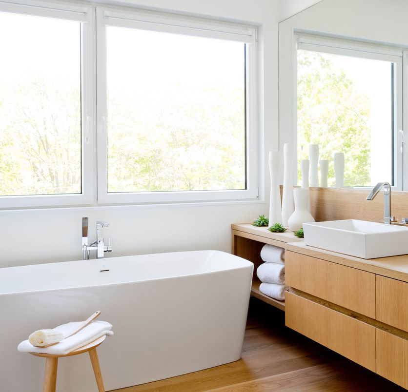 Bathroom, Free Standing Baths, Interior, Wood Texture Flooring