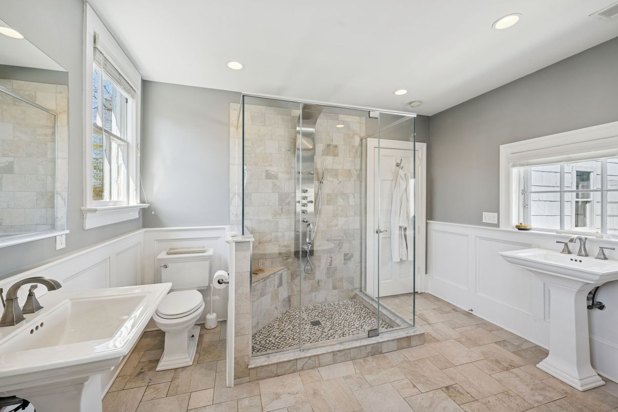 Bathroom, Dual Sink Vanities, Glass Shower, Interior, Recessed Lighting