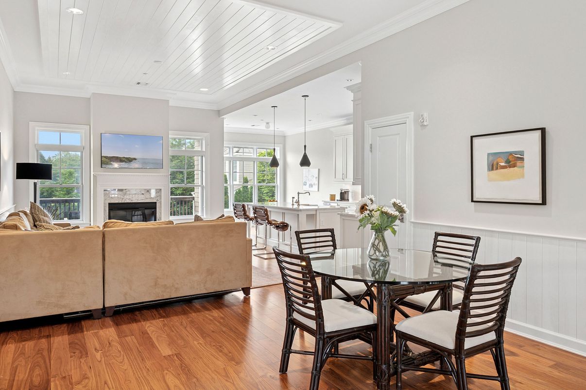 Dining room, Fireplace, Interior, Kitchen, Living room, Pendant Lights, Recessed Lighting, Wood Texture Flooring