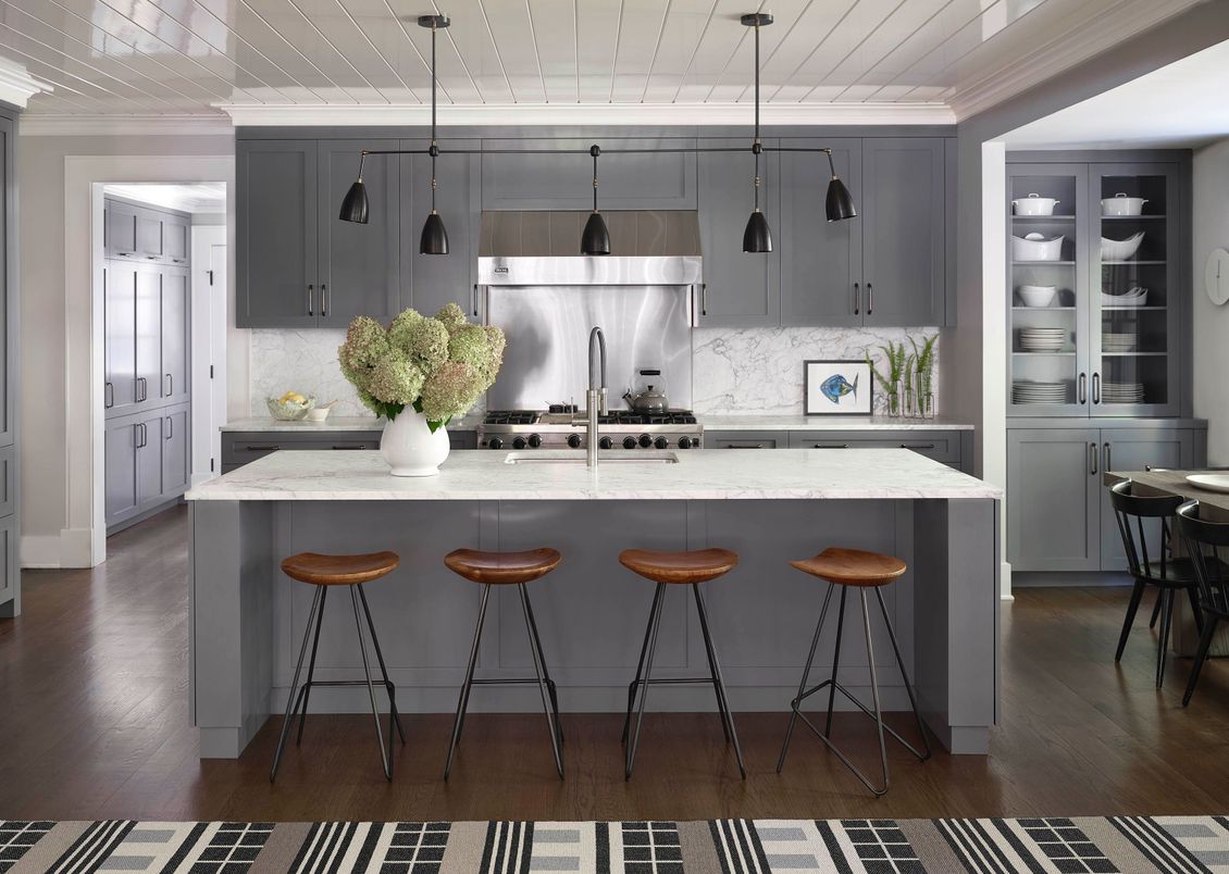 Interior, Kitchen, Marble Walls, Pendant Lights, Stainless Steel Appliances, Wood Texture Flooring