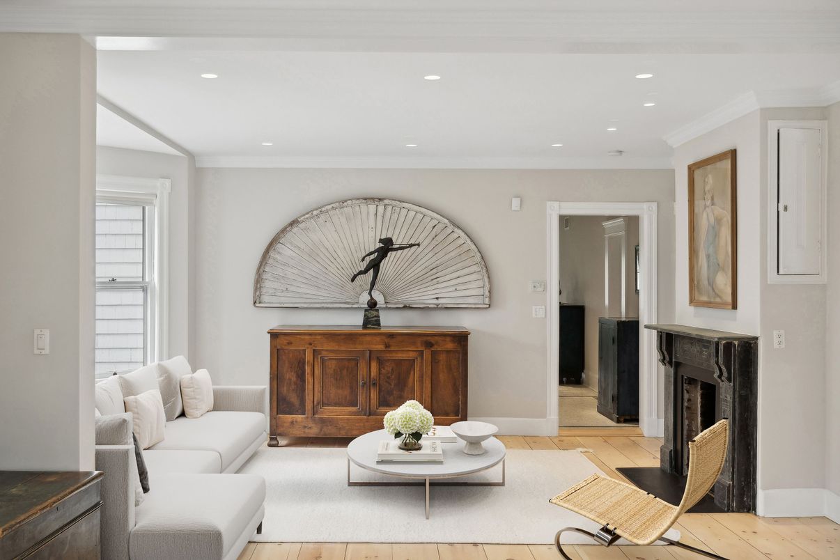 Fireplace, Interior, Living room, Recessed Lighting, Wood Texture Flooring