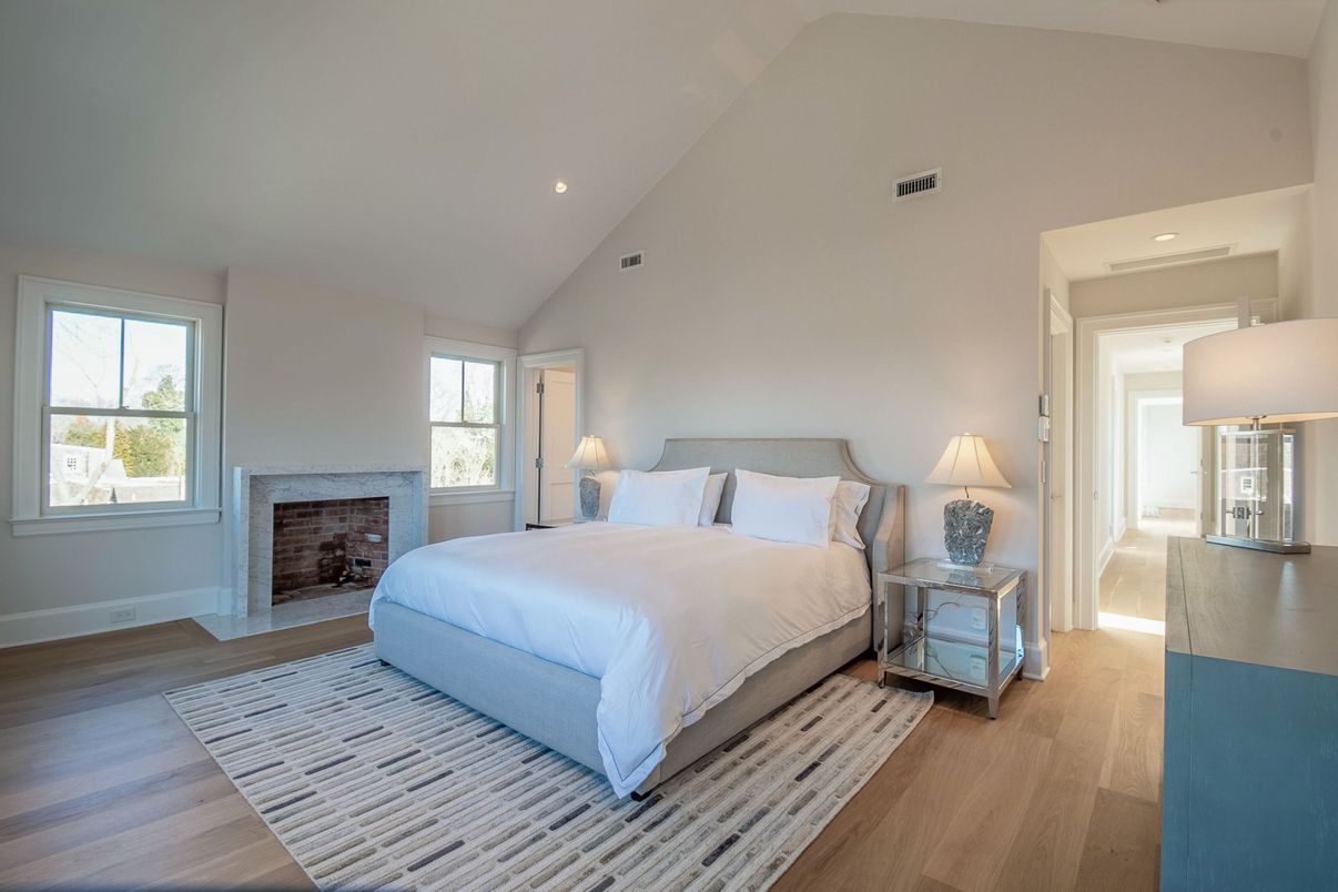 Bedroom, Fireplace, Interior, Recessed Lighting, Wood Texture Flooring