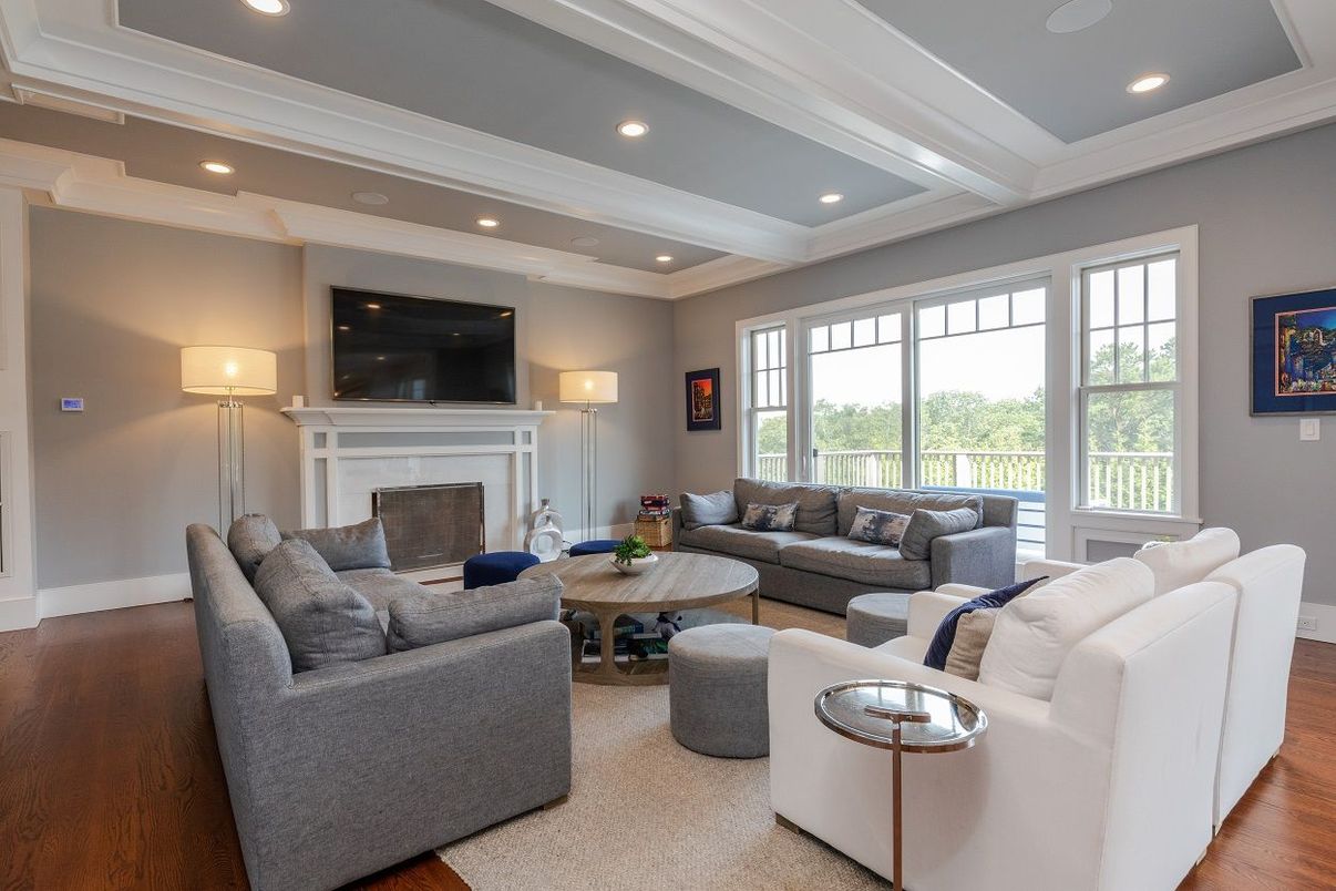 Fireplace, Interior, Living room, Recessed Lighting, Wood Texture Flooring