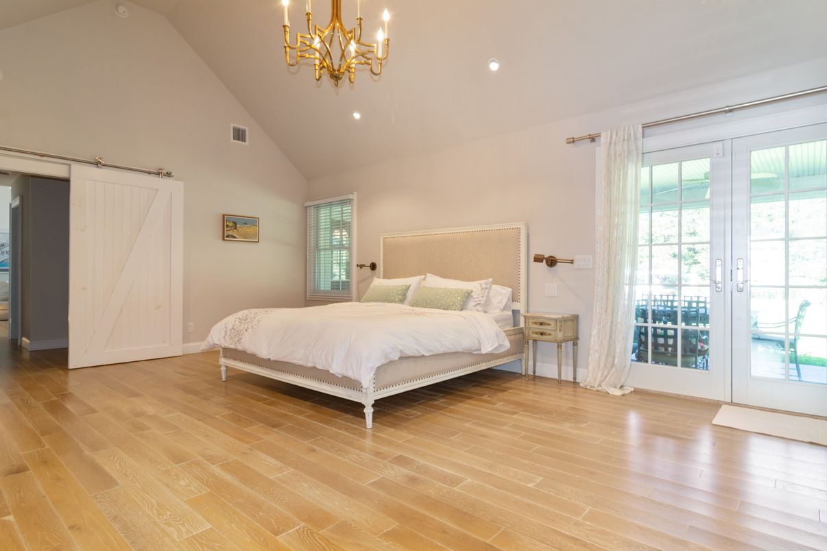 Bedroom, Chandelier, Interior, Recessed Lighting, Wood Texture Flooring