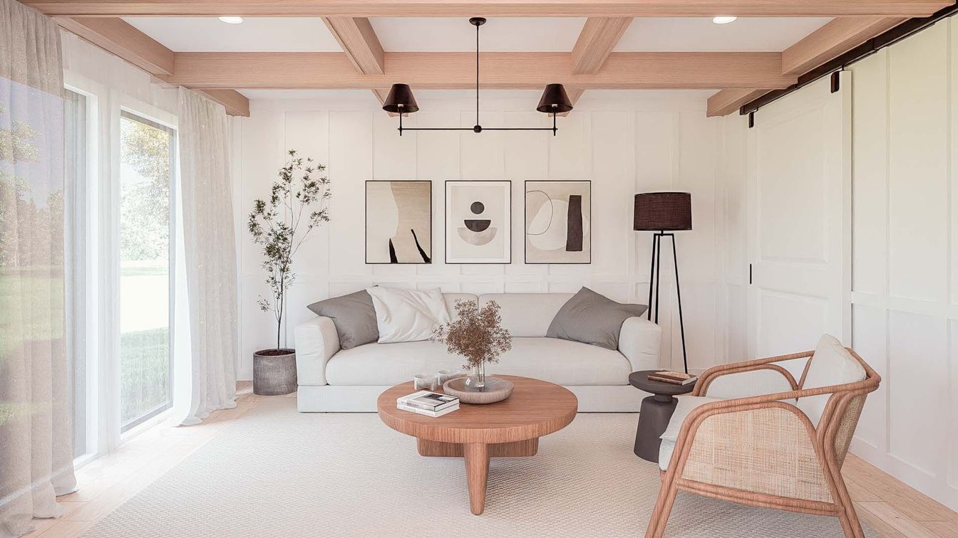 Interior, Living room, Pendant Lights, Recessed Lighting, Wooden Beams