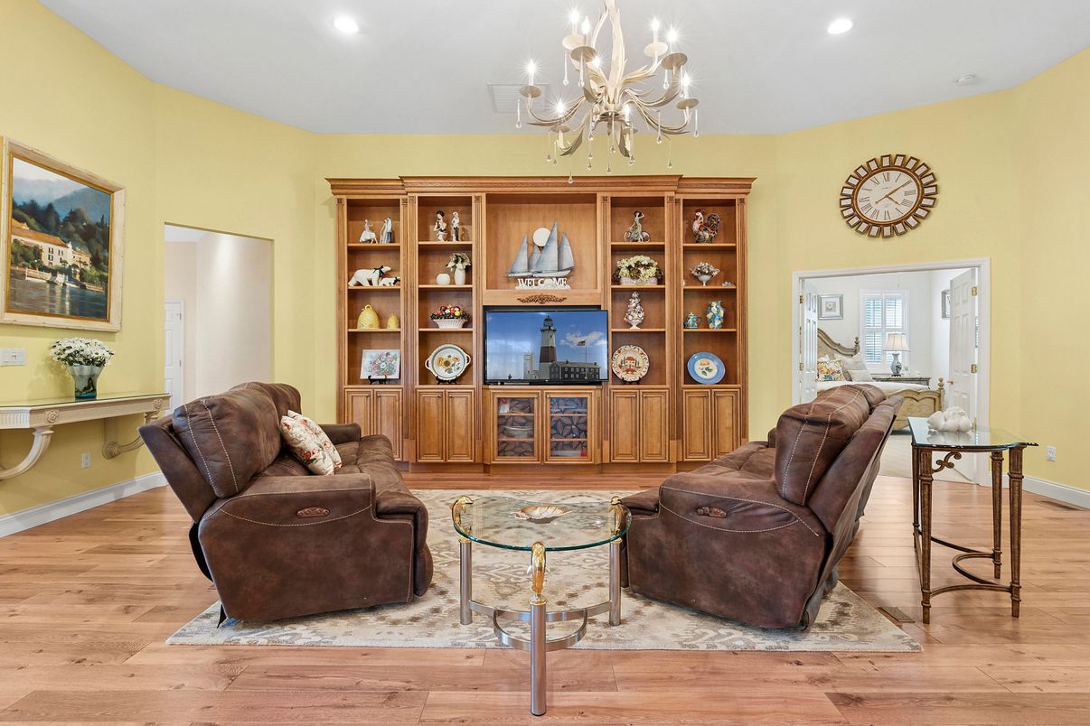 Chandelier, Interior, Living room, Recessed Lighting, Wood Texture Flooring