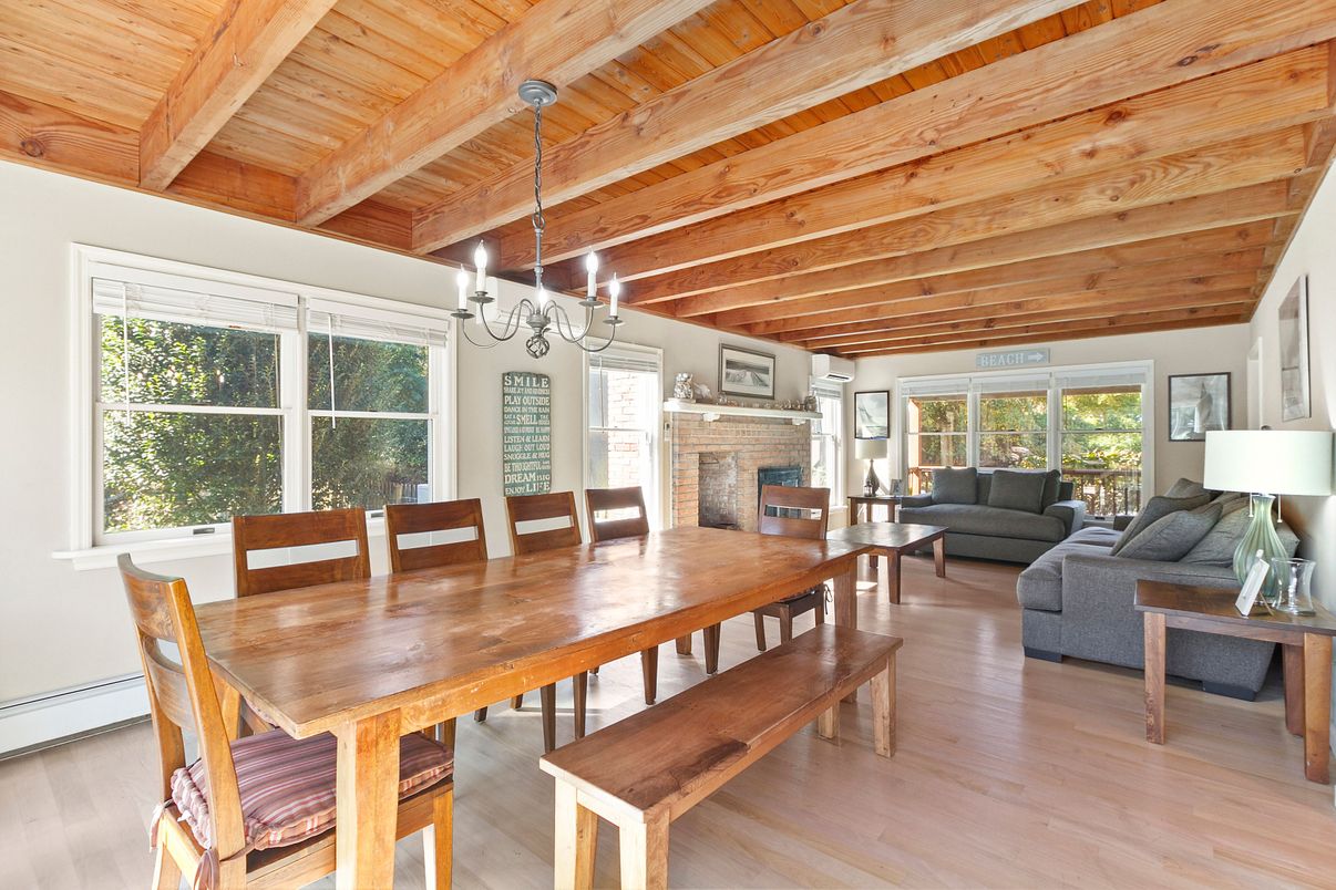 Chandelier, Dining room, Fireplace, Interior, Living room, Wooden Beams, Wooden Ceilings, Wood Texture Flooring