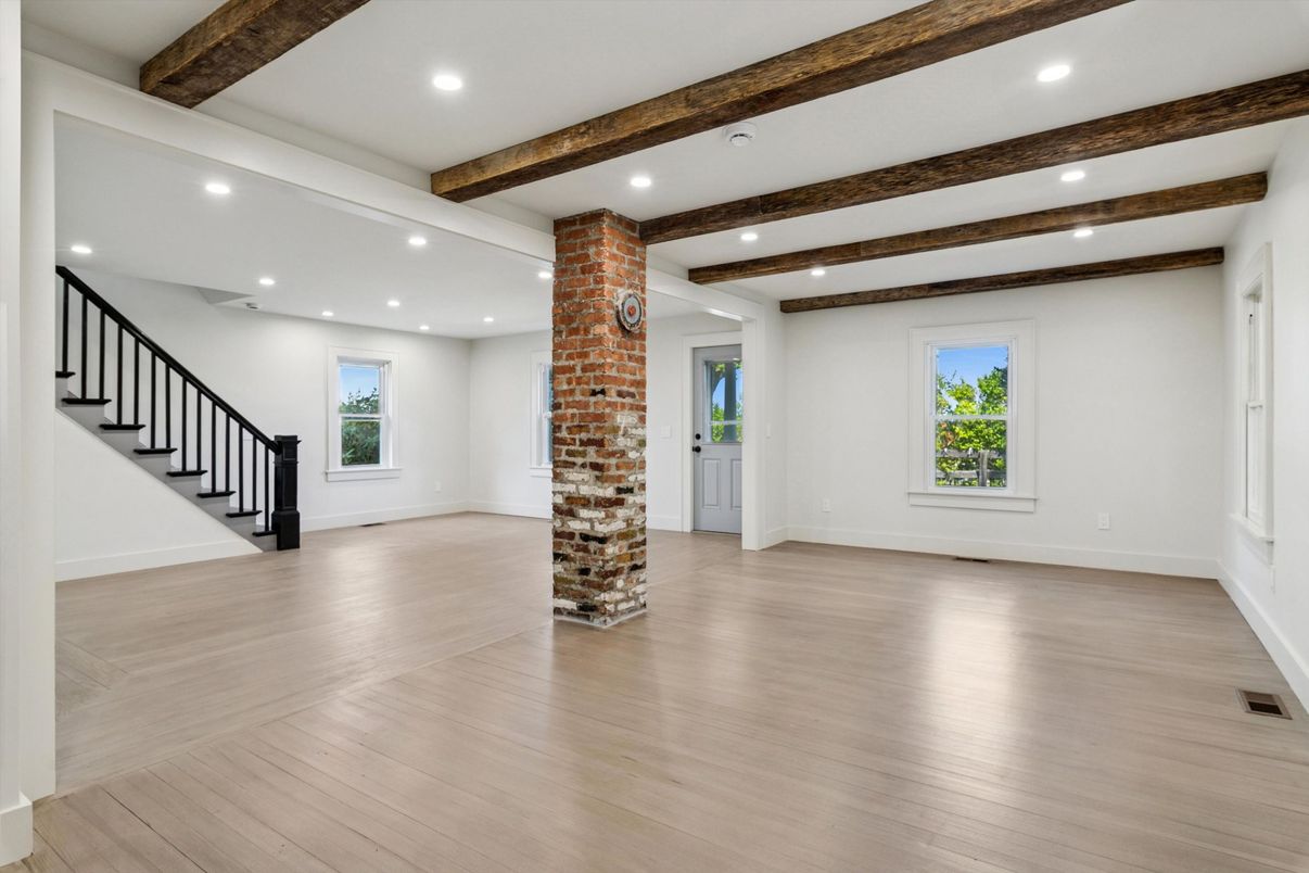Empty room, Fireplace, Interior, Recessed Lighting, Wooden Beams, Wood Texture Flooring